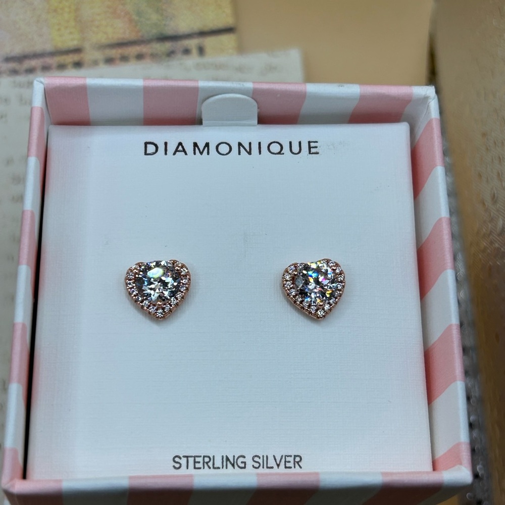 Diamonique New in Box Sterling Silver Rose Pink Gold Heart Cut CZ Earrings QVC